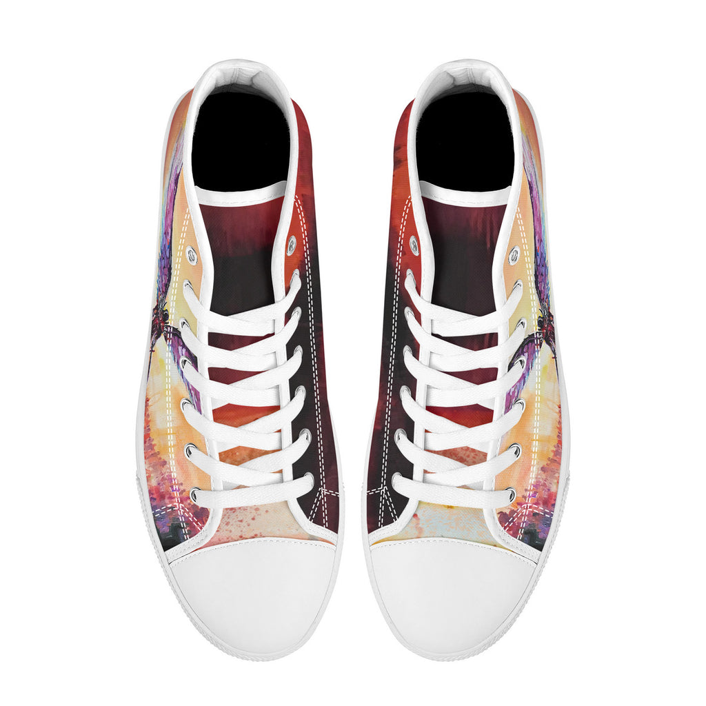 The Final Descent - Into the Darkness Design - Wearable Art by Aysha Austin - High-Top Sneaker . Colorful high-top sneakers with a unique pattern made from the original painting "The Final Descent" a vibrant colorful acrylic painting of Archangel Michael making The Final Descent into Battle.